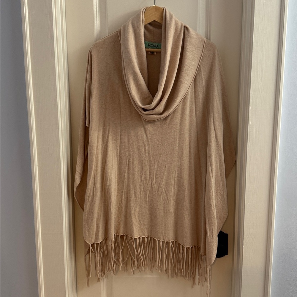 Karlie Blush Beige Cowl Neck Poncho with Fringe